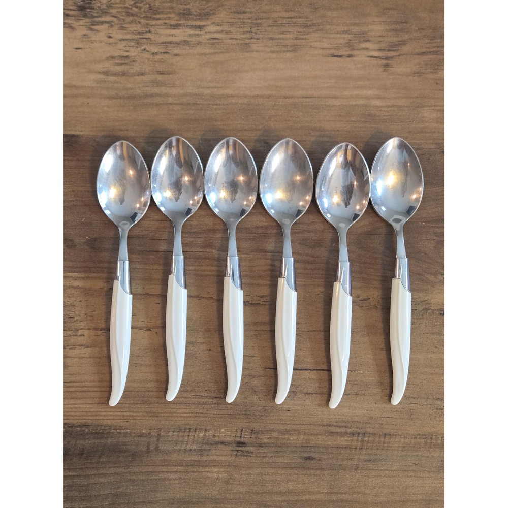 Vintage Robinson USA Stainless Steel Tablespoon Lot of 6 White Handle MCM Retro